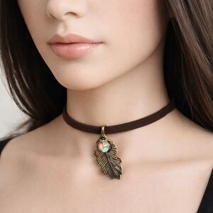 Gold Feather & Opal Crystal Pendant Choker – Brown Suede Cord Necklace